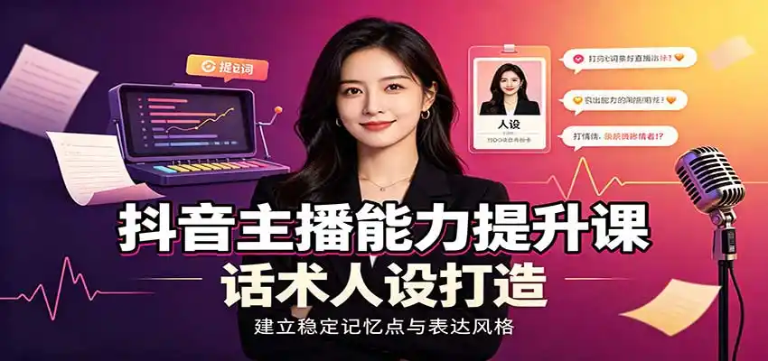 抖音主播能力提升课:账号底层逻辑,直播间搭建调试,话术人设打造全套教学-云网创