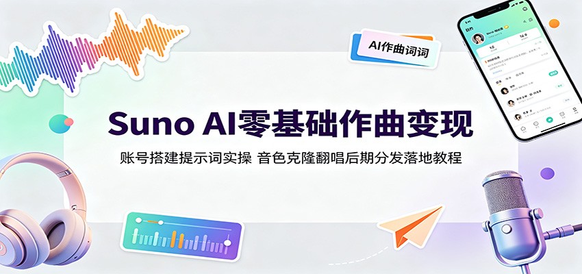 Suno AI零基础作曲变现：账号搭建提示词实操，音色克隆翻唱后期分发落地教程-云网创