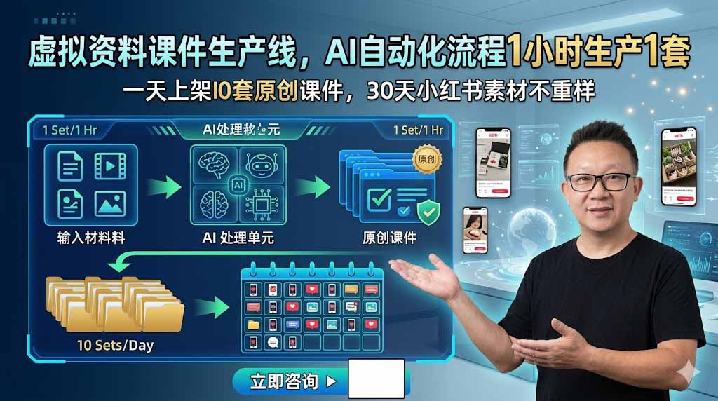 虚拟资料课件生产线，AI自动化流程1小时生产1套，一天上架10套原创课件，30天小红书素材不重样-云网创