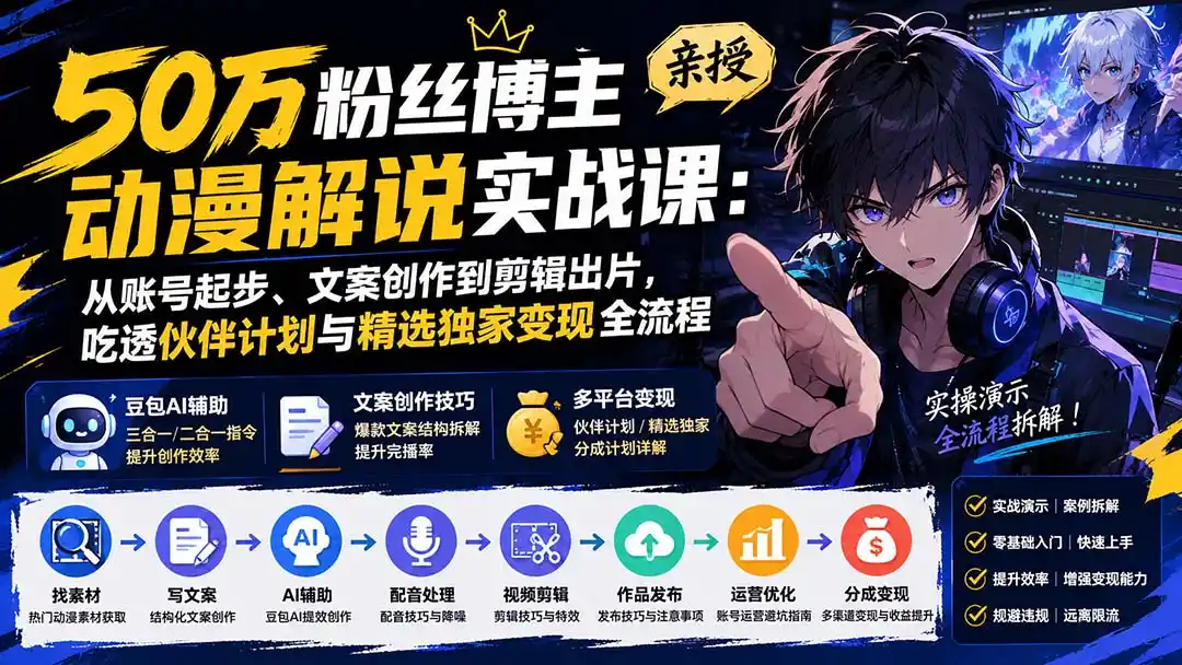 50万粉丝博主亲授动漫解说实战课:从账号起步、文案创作到剪辑出片,吃透伙伴计划与精选独家变现全流程-云网创