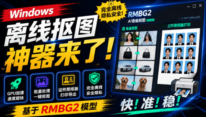 Windows离线抠图神器来了！支持批量抠图+证件照排版打印，基于RMBG2模型，GPU加速方块AI抠图-云网创