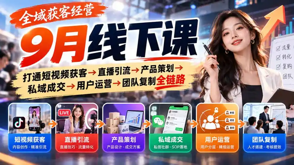全域获客经营9月线下课:打通短视频获客→直播引流→产品策划→私域成交→用户运营→团队复制全链路-云网创