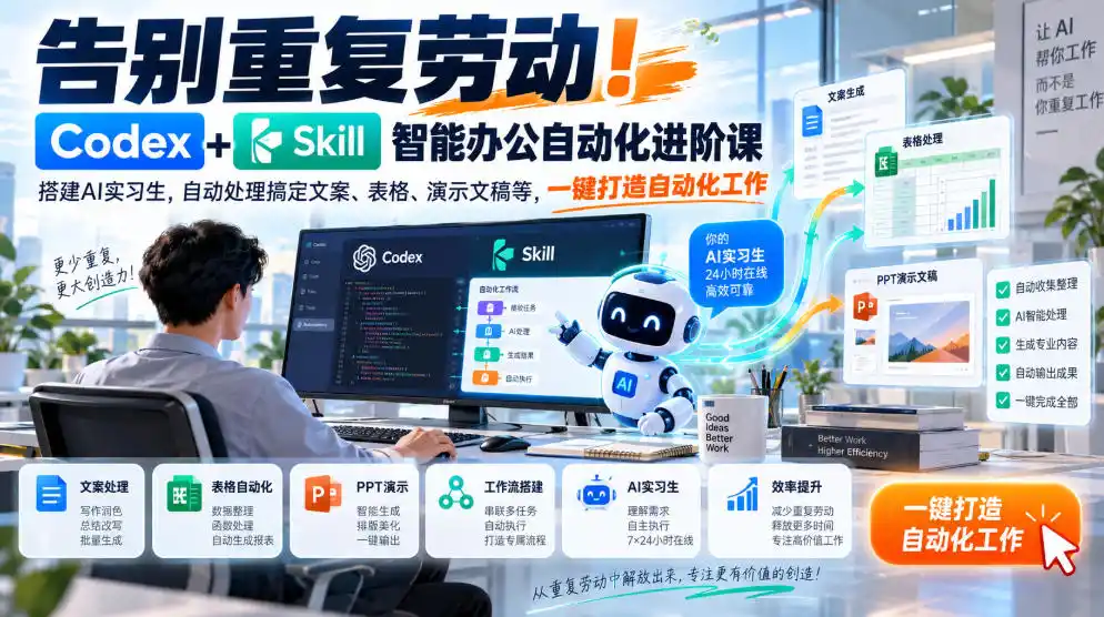告别重复劳动！Codex+Skill智能办公自动化进阶课｜搭建AI实习生，自动处理搞定文案、表格、演示文稿等，一键打造自动化工作-云网创