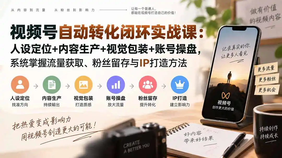视频号自动转化闭环实战课：人设定位+内容生产+视觉包装+账号操盘，系统掌握流量获取、粉丝留存与IP打造方法-云网创