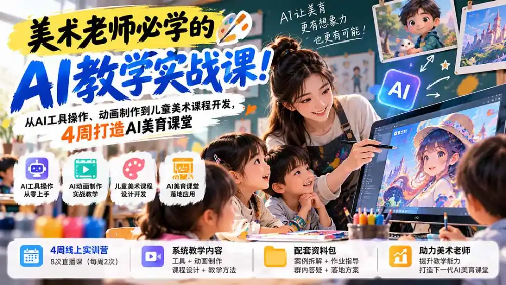 美术老师必学的AI教学实战课!从AI工具操作、动画制作到儿童美术课程开发,4周打造AI美育课堂-云网创