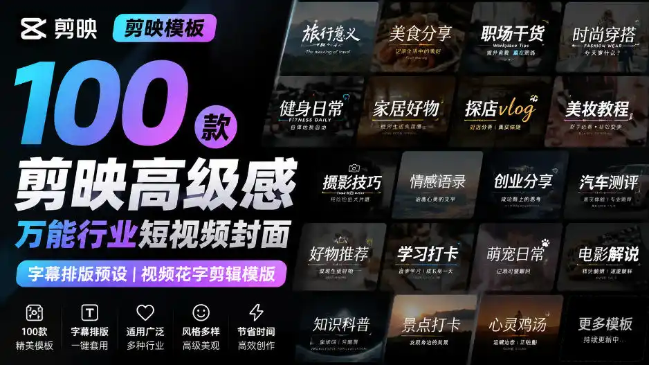 【剪映模板】100款剪映高级感万能行业短视频封面字幕排版预设视频花字剪辑模版-云网创