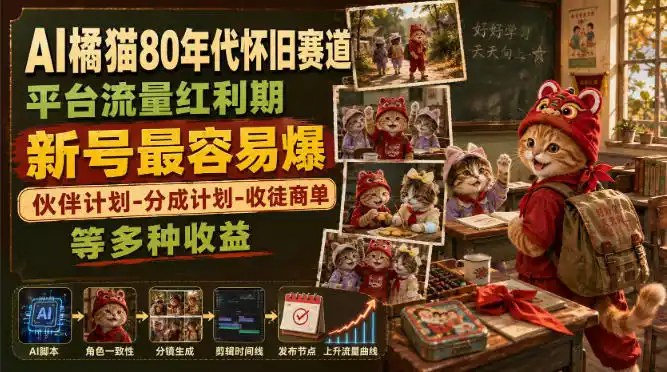 AI橘猫80年代怀旧赛道,平台流量红利期,新号最容易爆,伙伴计划-分成计划-收徒商单等多种收益-云网创
