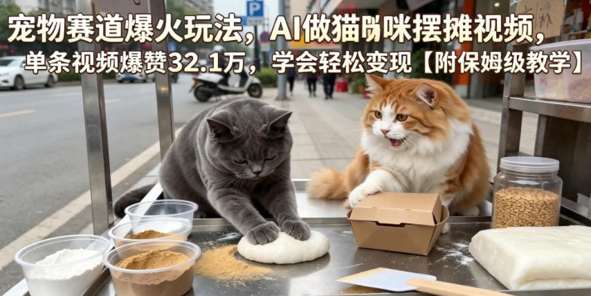 宠物赛道爆火玩法，AI做猫咪摆摊视频，单条视频爆赞32.1万，学会轻松变现【附保姆级教学】-云网创