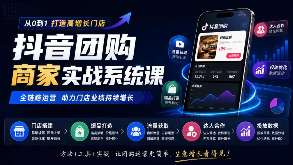 抖音团购商家实战系统课｜门店搭建、爆品打造、流量获取、达人合作、投放数据全链路运营-云网创
