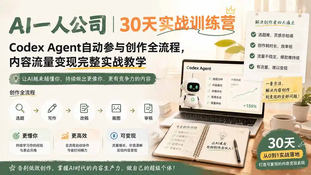 AI一人公司|30天实战训练营;Codex Agent自动参与创作全流程,内容流量变现完整实战教学-云网创