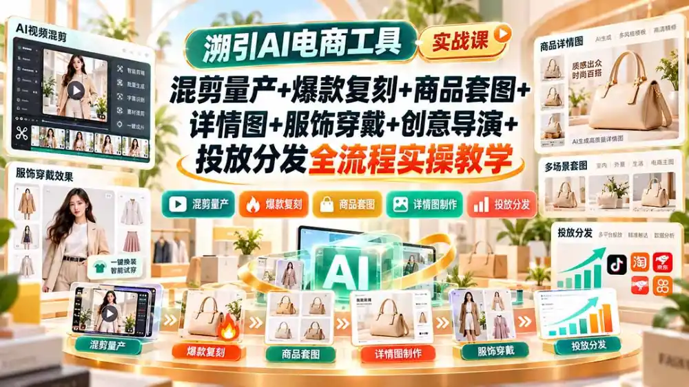 溯引AI电商工具实战课:混剪量产+爆款复刻+商品套图+详情图+服饰穿戴+创意导演+投放分发全流程实操教学-云网创