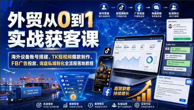外贸从0到1实战获客课|海外设备账号搭建、TK短视频爆款制作、FB广告投放、询盘私域转化全流程落地教程-云网创