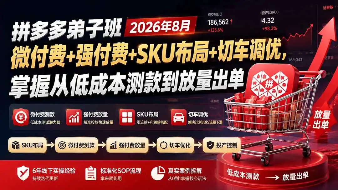 拼多多弟子班2026年8月:微付费+强付费+SKU布局+切车调优,掌握从低成本测款到放量出单-云网创