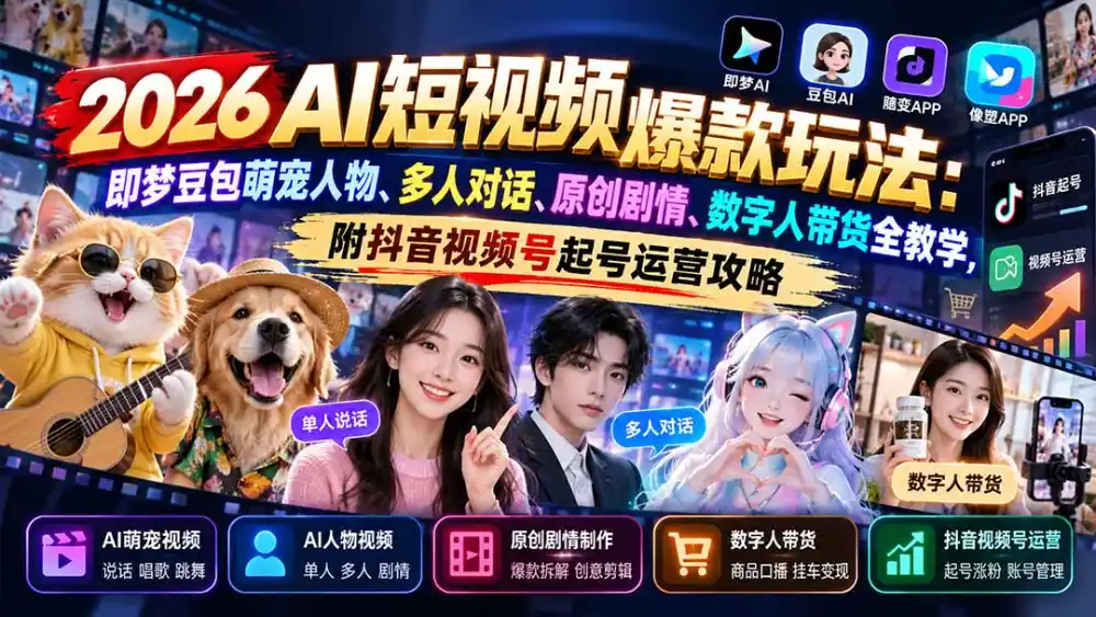 2026AI短视频爆款玩法:即梦豆包萌宠人物、多人对话、原创剧情、数字人带货全教学,附抖音视频号起号运营攻略-云网创