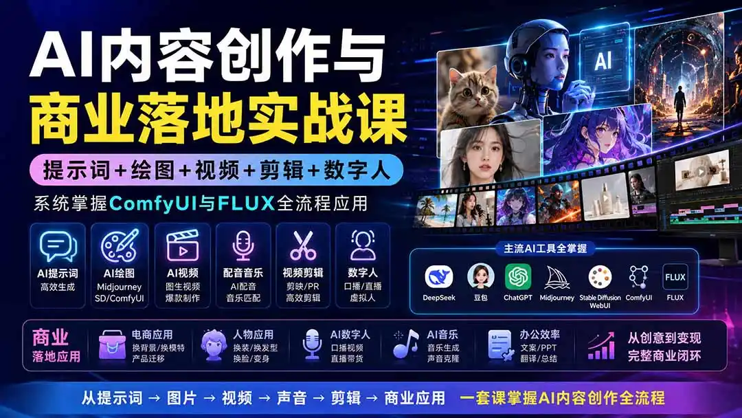 AI内容创作与商业落地实战课:提示词+绘图+视频+剪辑+数字人,系统掌握ComfyUI与FLUX全流程应用-云网创