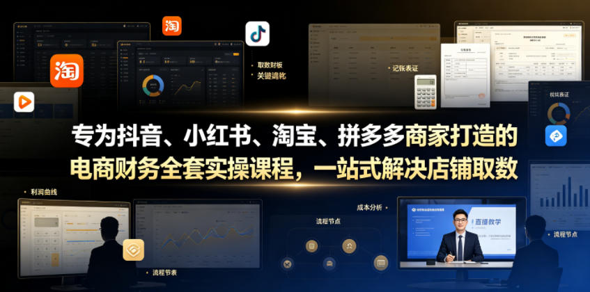 专为抖音、小红书、淘宝、拼多多商家打造的电商财务全套实操课程，一站式解决店铺取数、记账、报税全流程难题-云网创
