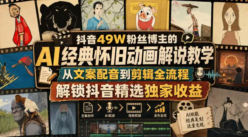 抖音49W粉丝博主的AI经典怀旧动画解说教学,从文案配音到剪辑全流程,解锁抖音精选独家收益-云网创