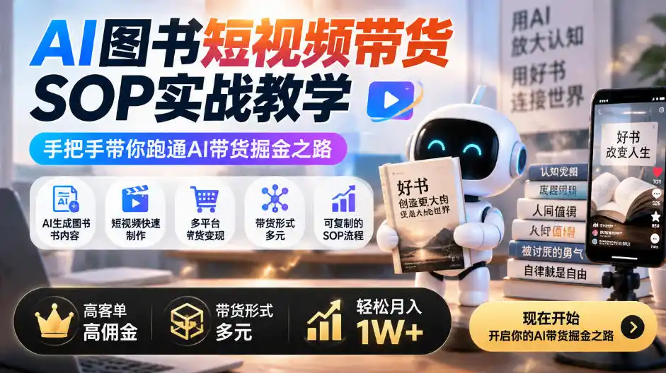 AI图书短视频带货SOP实战教学，手把手带你跑通AI带货掘金之路，高客单高佣金，带货形式多元，轻松月入1W+-云网创