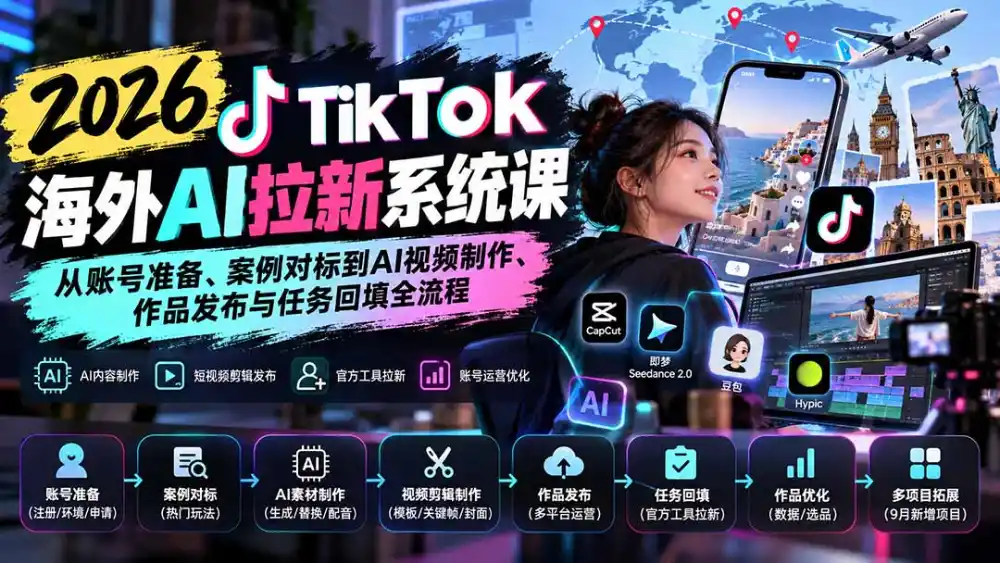 【无水印】2026 TikTok海外AI拉新系统课:从账号准备、案例对标到AI视频制作、作品发布与任务回填全流程-云网创