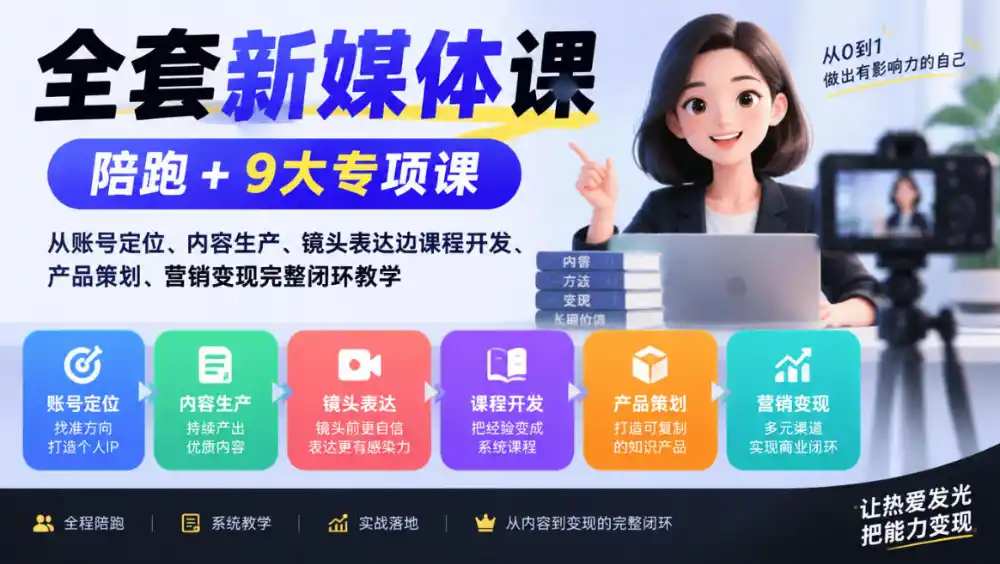 全套新媒体课|陪跑+9大专项课,从账号定位、内容生产、镜头表达到课程开发、产品策划、营销变现完整闭环教学-云网创