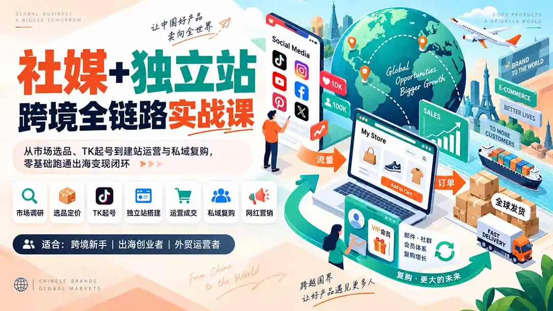 社媒+独立站跨境全链路实战课:从市场选品、TK起号到建站运营与私域复购,零基础跑通出海变现闭环-云网创