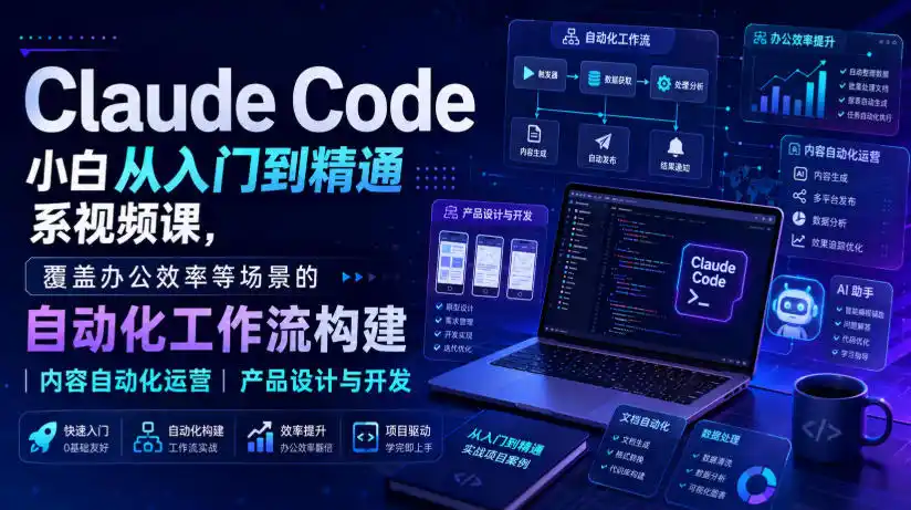 Claude Code小白从入门到精通系视频课，覆盖办公效率等场景的自动化工作流构建|内容自动化运营|产品设计与开发-云网创