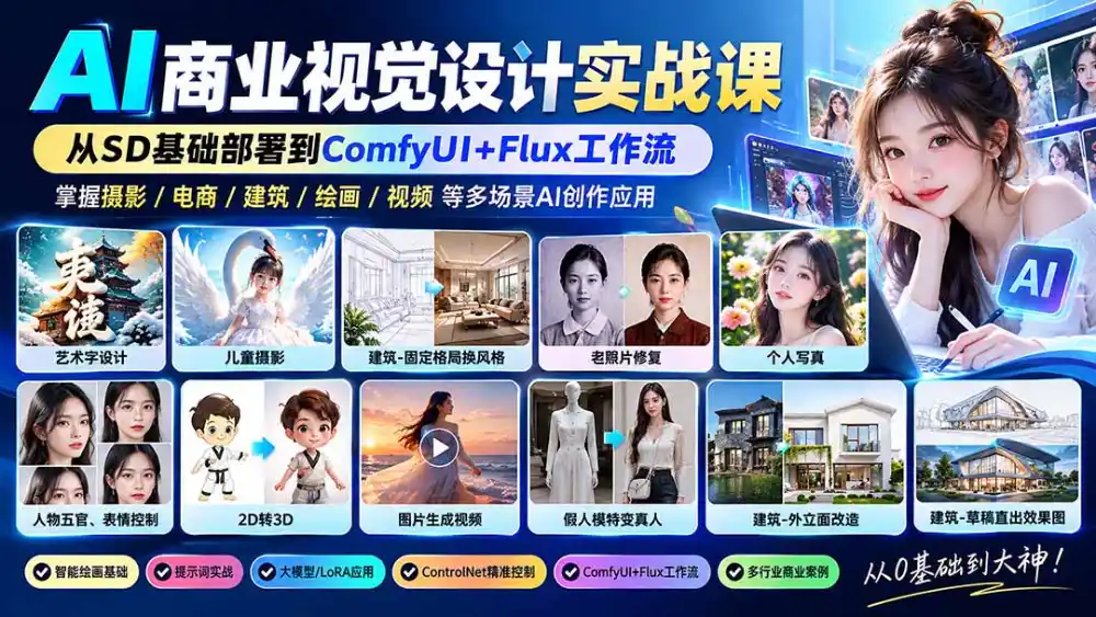 【无水印】AI商业视觉设计实战课：从SD基础部署到ComfyUI+Flux工作流，掌握摄影电商建筑AI创作-云网创