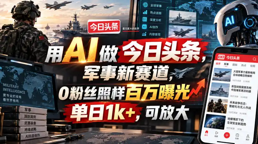 用AI做今日头条,军事新赛道,0粉丝照样百万曝光,单日1k+,可放大-云网创