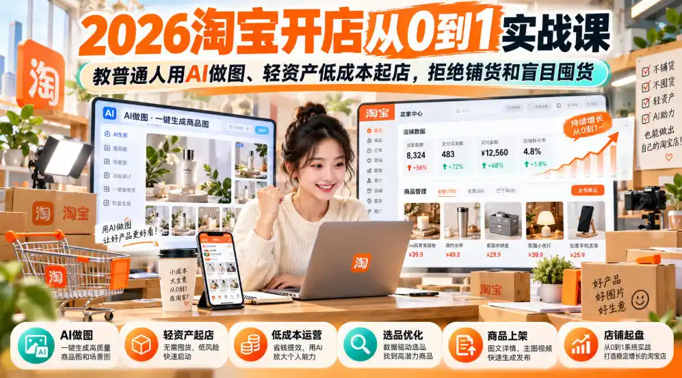 2026淘宝开店从0到1实战课，教普通人用AI做图、轻资产低成本起店，拒绝铺货和盲目囤货-云网创