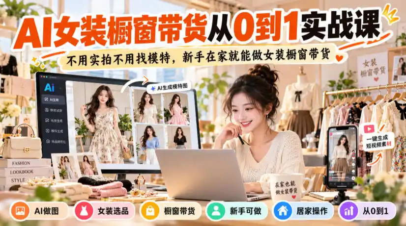 AI女装橱窗带货从0到1实战课，不用实拍不用找模特，新手在家就能做女装橱窗带货-云网创