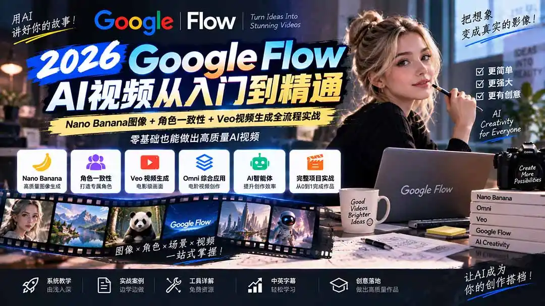 【无水印】Google Flow AI视频从入门到精通:Nano Banana图像+角色一致性+Veo视频生成全流程实战-精翻中英字幕-云网创