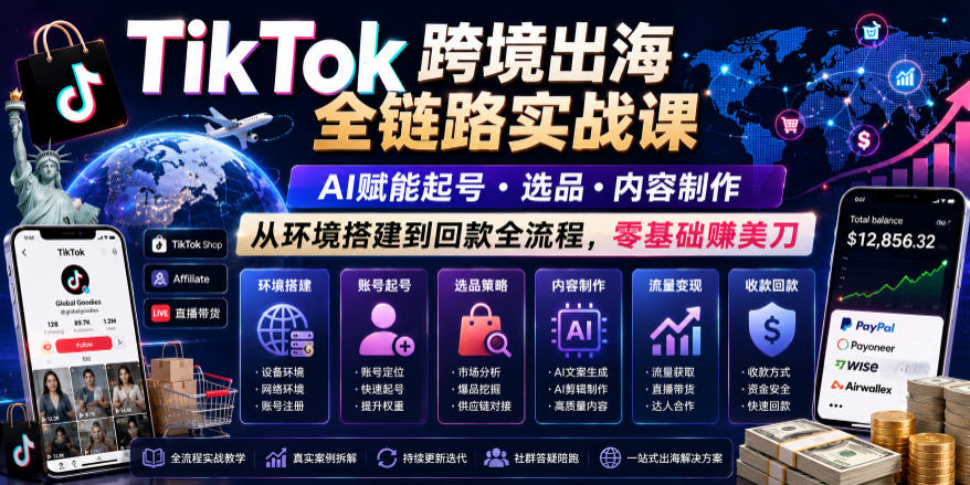 TikTok跨境出海全链路实战课，AI赋能起号・选品・内容制作，从环境搭建到回款全流程，零基础賺美刀-云网创