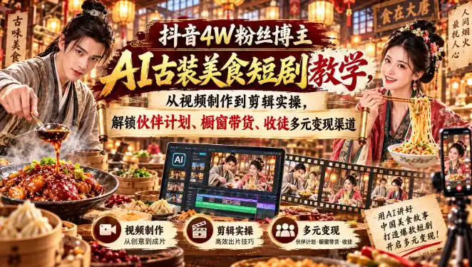抖音4W粉丝博主AI古装美食短剧教学,从视频制作到剪辑实操,解锁伙伴计划、橱窗带货、收徒多元变现渠道-云网创