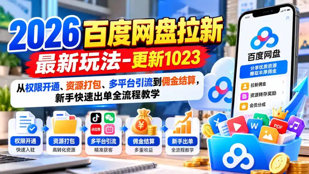 2026百度网盘拉新最新玩法-更新1023：从权限开通、资源打包、多平台引流到佣金结算，新手快速出单全流程教学-云网创