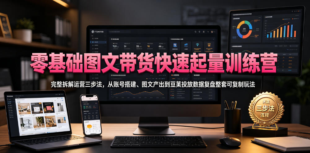 零基础图文带货快速起量训练营，完整拆解运营三步法，从账号搭建、图文产出到豆荚投放数据复盘整套可复制玩法-云网创