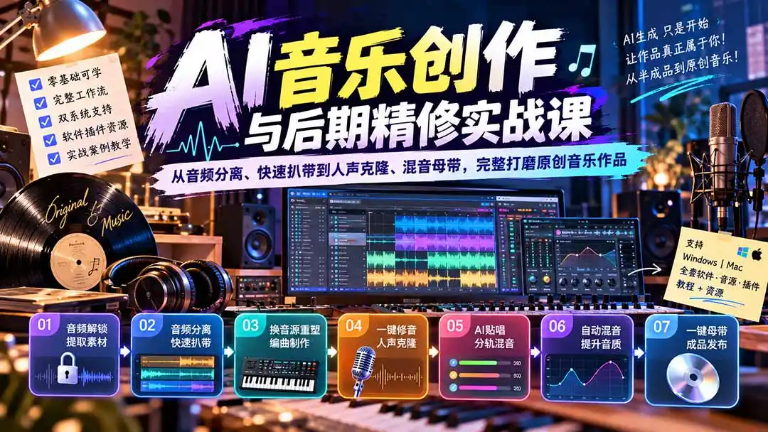 AI音乐创作与后期精修实战课：从音频分离、快速扒带到人声克隆、混音母带，完整打磨原创音乐作品-云网创