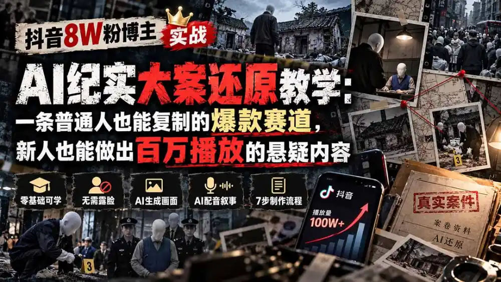 抖音8W粉博主AI纪实大案还原教学：一条普通人也能复制的爆款赛道，新人也能做出百万播放的悬疑内容-云网创