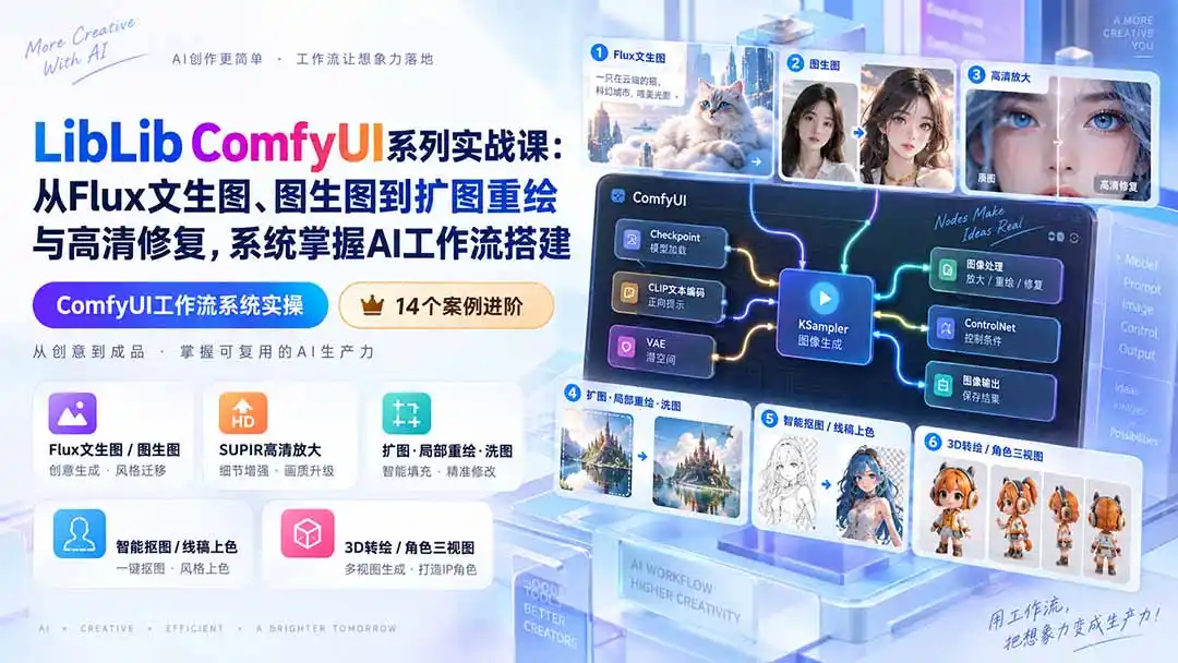 LibLib ComfyUI系列实战课：从Flux文生图、图生图到扩图重绘与高清修复，系统掌握AI工作流搭建-云网创
