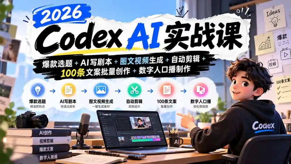 2026Codex AI实战课：爆款选题+AI写剧本+图文视频生成+自动剪辑+100条文案批量创作+数字人口播制作-云网创
