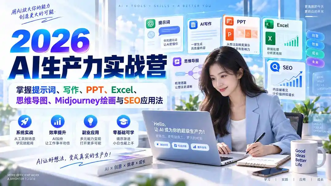2026AI生产力实战营:掌握提示词、写作、PPT、Excel、思维导图、Midjourney绘画与SEO应用法-云网创