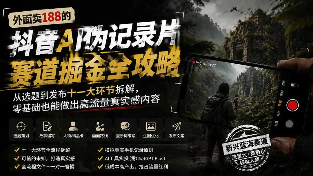 外面卖188的抖音AI伪记录片赛道掘金全攻略;从选题到发布十一大环节拆解,零基础也能做出高流量真实感内容-云网创