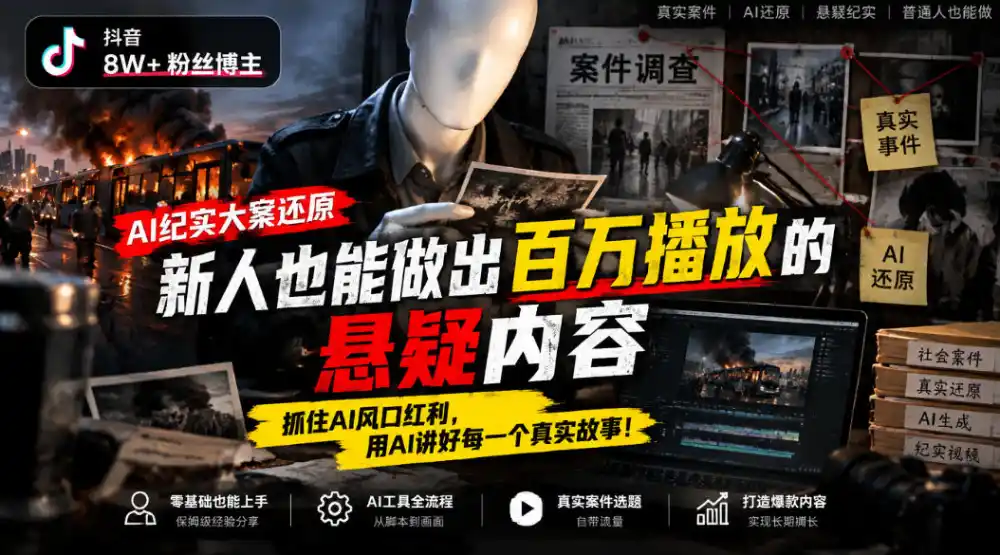 抖音8W粉丝博主的AI纪实大案还原教学,新人也能做出百W播放的悬疑内容,抓住AI风口红利,用AI讲好每一个真实故事(更新1014)-云网创