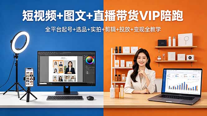 短视频+图文+直播带货VIP陪跑，全平台起号+选品+实拍+剪辑+投放+变现全教学-云网创