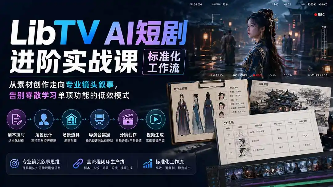 LibTV AI短剧进阶实操课标准化工作流;从素材创作走向专业镜头叙事,告别零散学习单项功能的低效模式-云网创