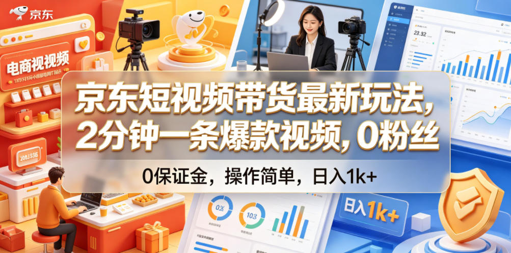 京东短视频带货最新玩法，2分钟一条爆款视频，0粉丝，0保证金，操作简单，日入1k+【揭秘】-云网创