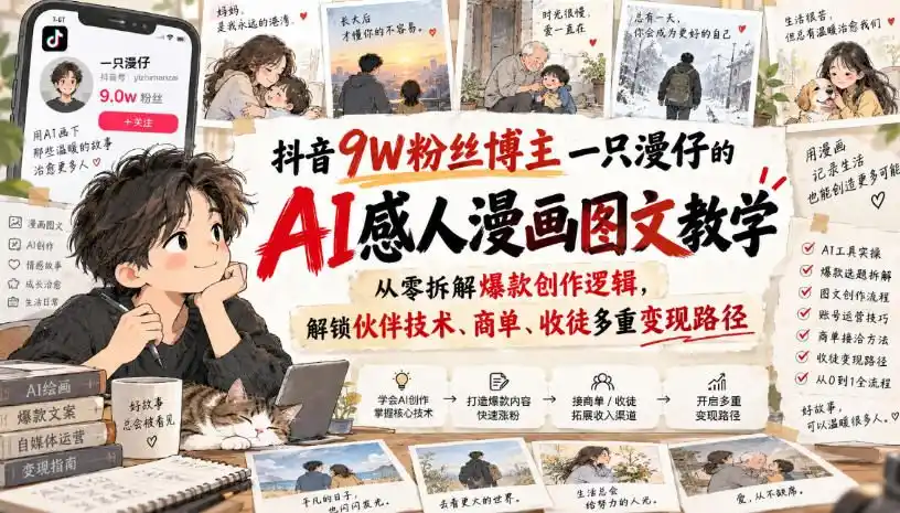 抖音9W粉丝博主一只漫仔的AI感人漫画图文教学,从零拆解爆款创作逻辑,解锁伙伴技术、商单、收徒多重变现路径-云网创