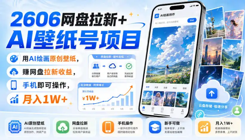 2606网盘拉新+AI壁纸号项目，用AI绘画原创壁纸，賺网盘拉新收益，手机即可操作，月入1W+-云网创
