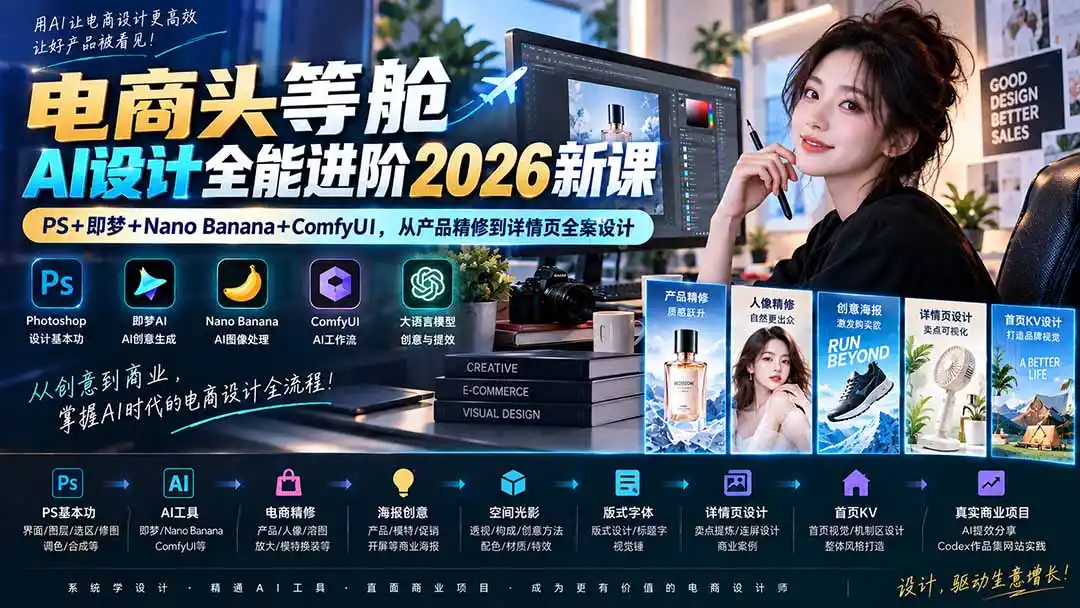 电商头等舱AI设计全能进阶2026新课:PS+即梦+Nano Banana+ComfyUI,从产品精修到详情页全案设计-云网创