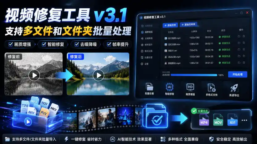 视频修复工具v3.1，支持多文件和文件夹批量处理-云网创