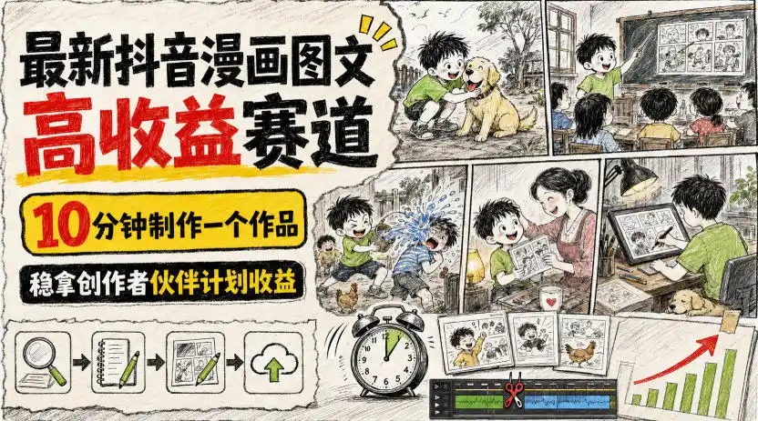 最新抖音漫画图文高收益赛道，10分钟制作一个作品，稳拿创作者伙伴计划收益-云网创